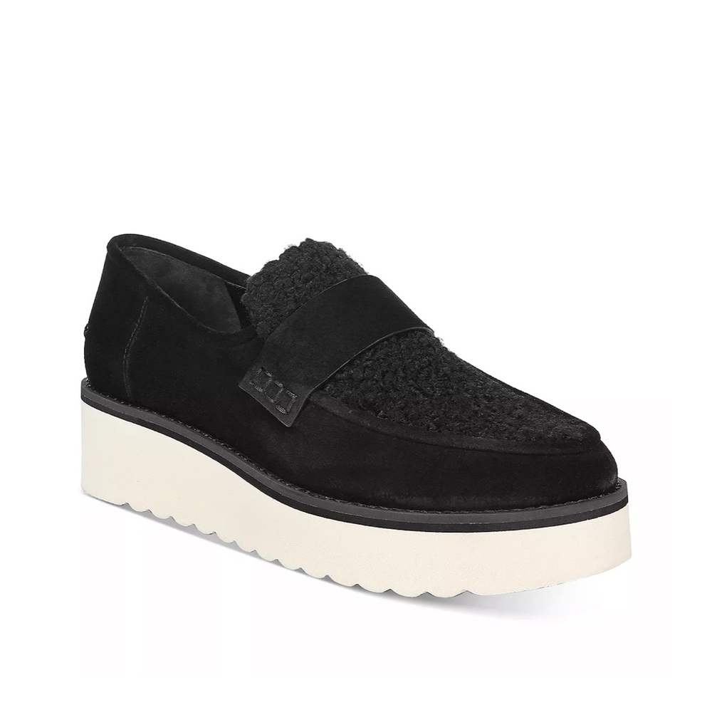 Vince Women's Zola Platform Faux Shearling Shepa Trimmed Suede Loafers, Black, 9